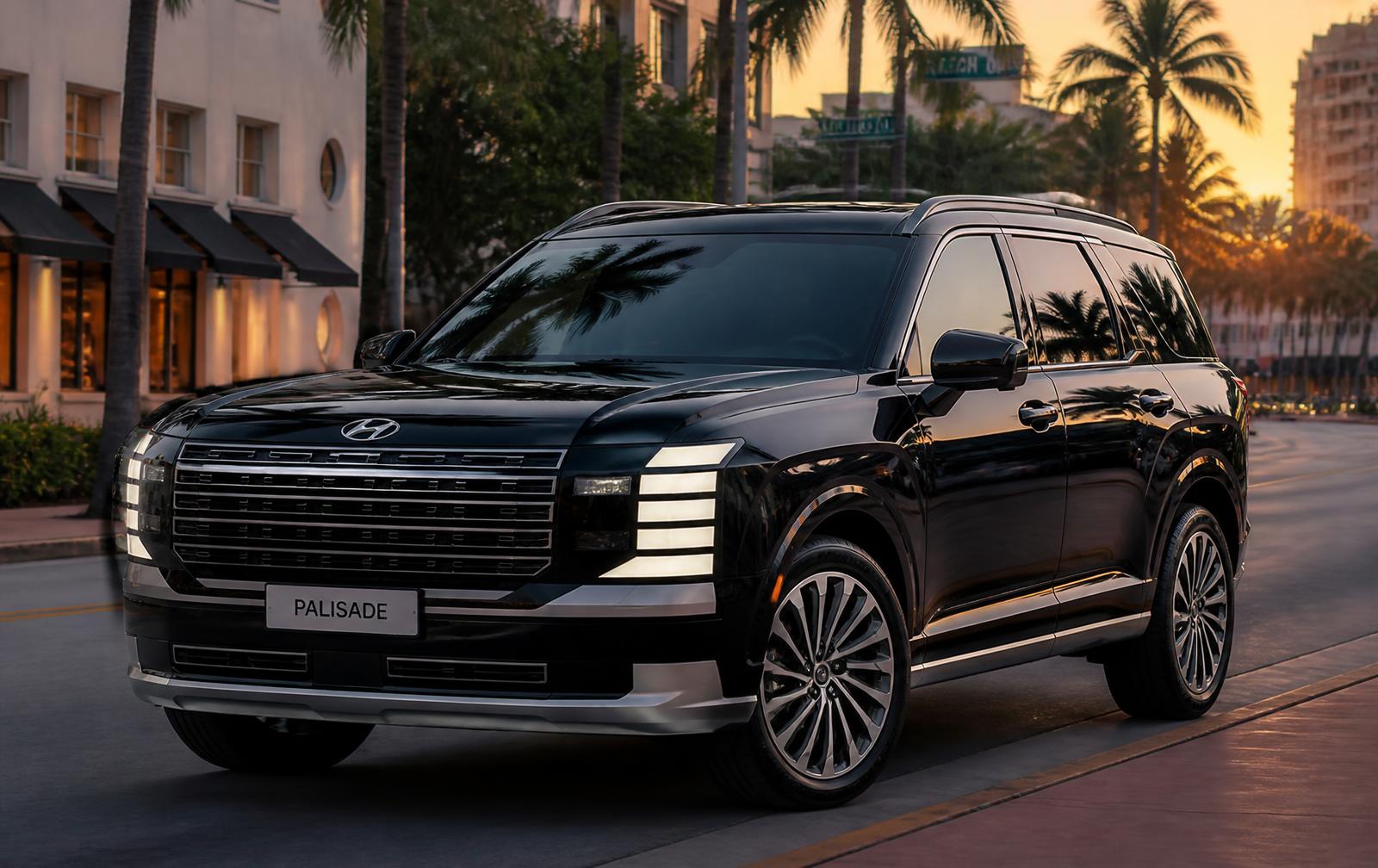 Hyundai Palisade 2026 negra estacionada en Miami al atardecer
